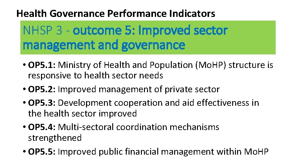 Health Governance Performance Indicators NHSP 3 - outcome 5: Improved sector management and governance