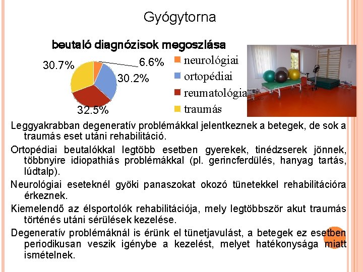 Gyógytorna beutaló diagnózisok megoszlása neurológiai 6. 6% 30. 7% ortopédiai 30. 2% reumatológiai traumás