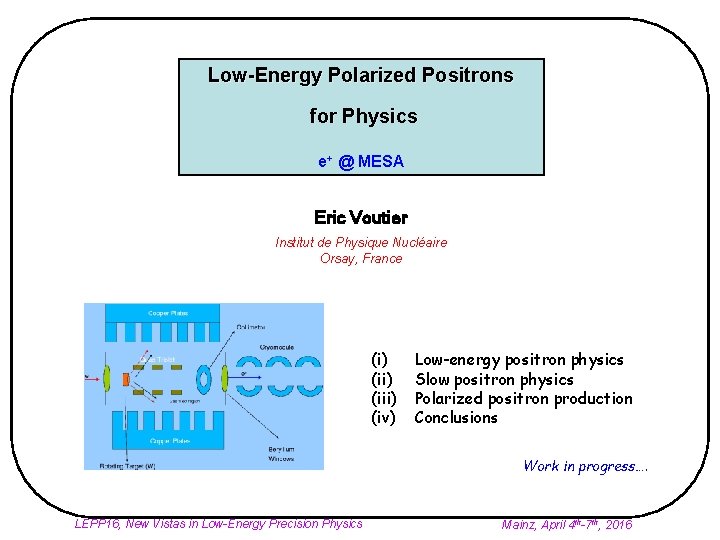 Low-Energy Polarized Positrons for Physics e+ @ MESA Eric Voutier Institut de Physique Nucléaire