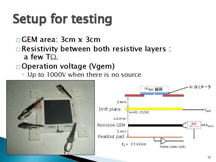 Setup for testing � GEM area: 3 cm x 3 cm � Resistivity between