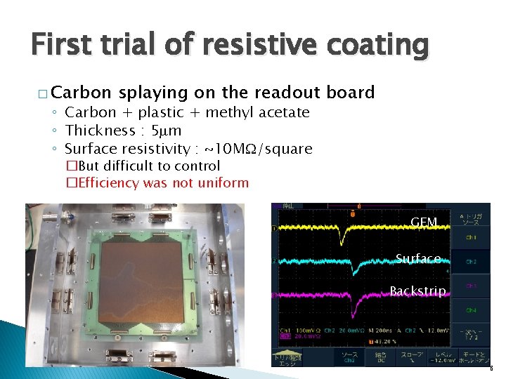 First trial of resistive coating � Carbon splaying on the readout board ◦ Carbon