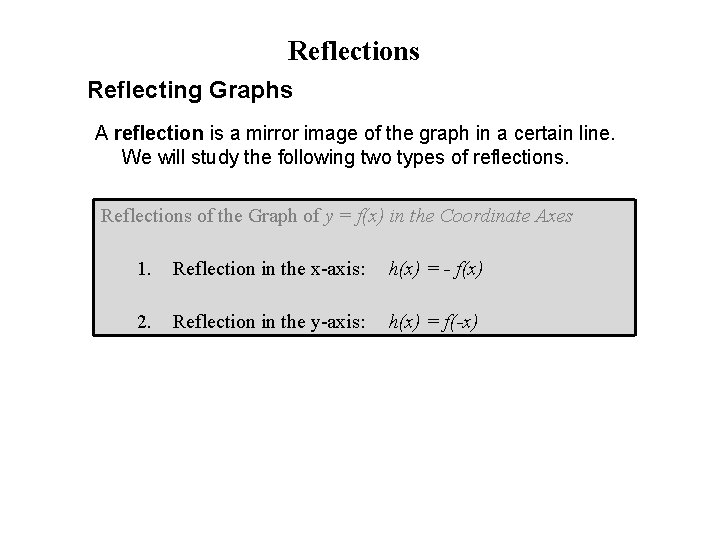 Reflections Reflecting Graphs A reflection is a mirror image of the graph in a