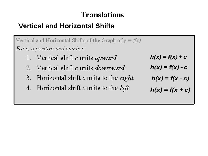 Translations Vertical and Horizontal Shifts of the Graph of y = f(x) For c,