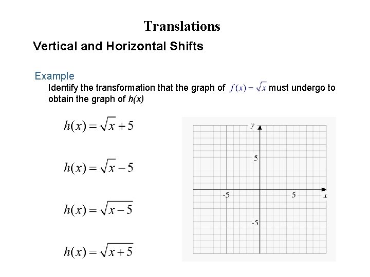 Translations Vertical and Horizontal Shifts Example Identify the transformation that the graph of obtain