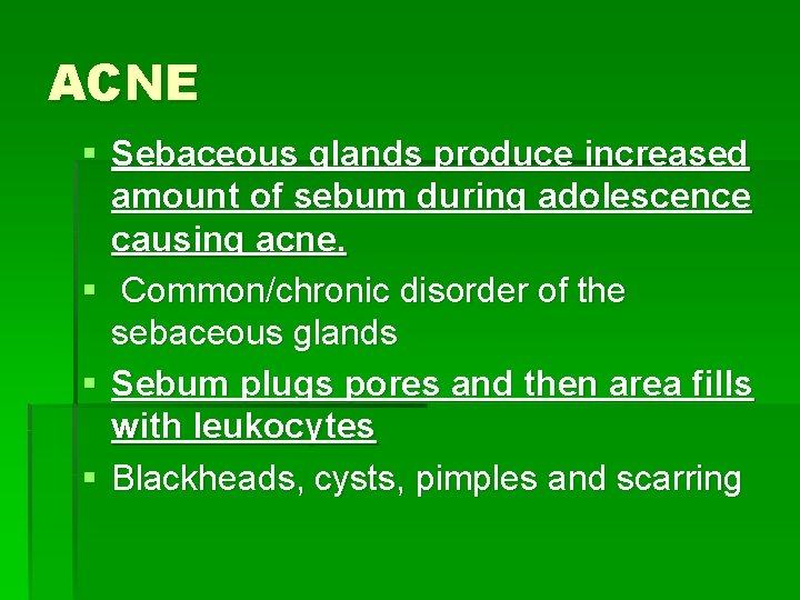 ACNE § Sebaceous glands produce increased amount of sebum during adolescence causing acne. §