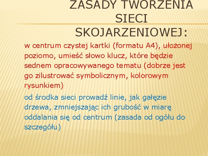 ZASADY TWORZENIA SIECI SKOJARZENIOWEJ: w centrum czystej kartki (formatu A 4), ułożonej poziomo, umieść