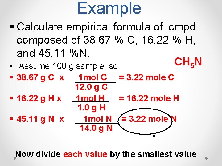 Example § Calculate empirical formula of cmpd composed of 38. 67 % C, 16.