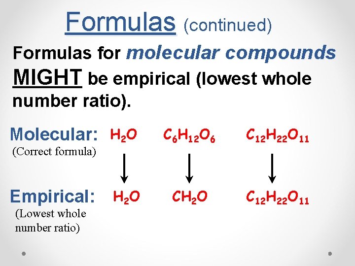 Formulas (continued) Formulas for molecular compounds MIGHT be empirical (lowest whole number ratio). Molecular: