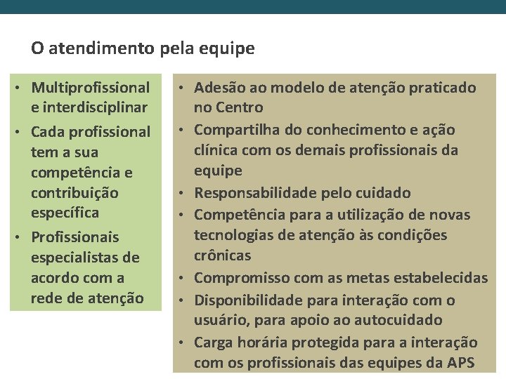 O atendimento pela equipe Multiprofissional e interdisciplinar • Cada profissional tem a sua competência