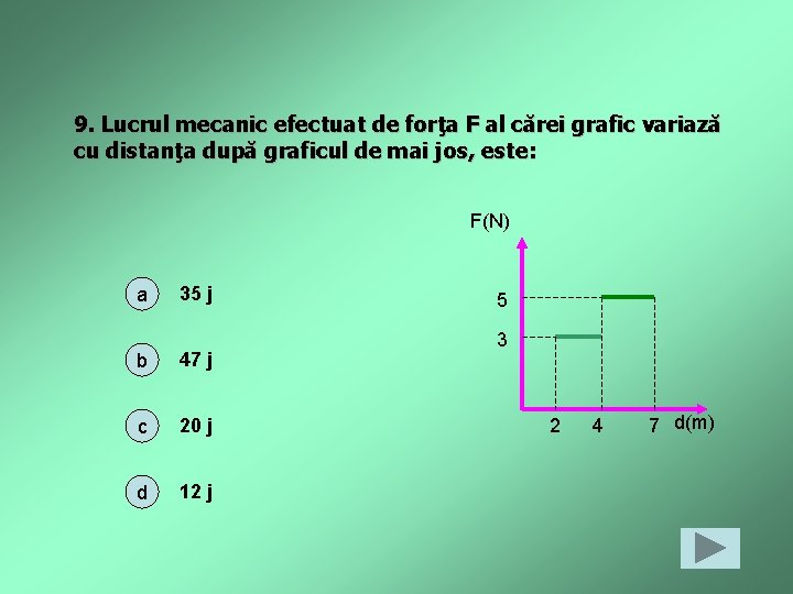 9. Lucrul mecanic efectuat de forţa F al cărei grafic variază cu distanţa după