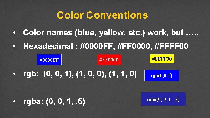 Color Conventions • Color names (blue, yellow, etc. ) work, but …. . •