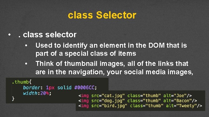 class Selector • . class selector • • Used to identify an element in