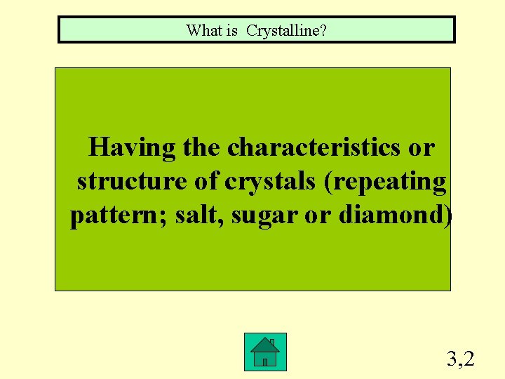 What is Crystalline? Having the characteristics or structure of crystals (repeating pattern; salt, sugar