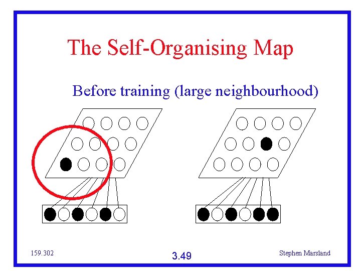 The Self-Organising Map Before training (large neighbourhood) 159. 302 3. 49 Stephen Marsland 