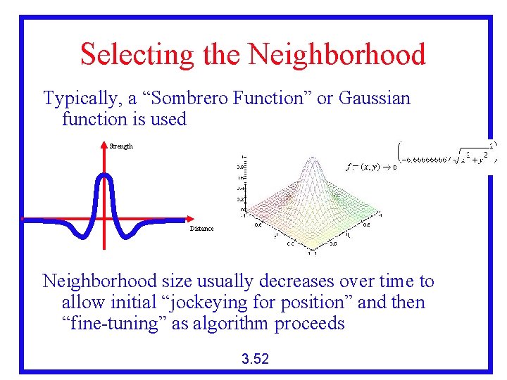Selecting the Neighborhood Typically, a “Sombrero Function” or Gaussian function is used Strength Distance