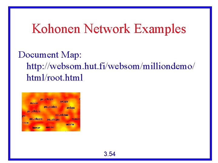Kohonen Network Examples Document Map: http: //websom. hut. fi/websom/milliondemo/ html/root. html 3. 54 