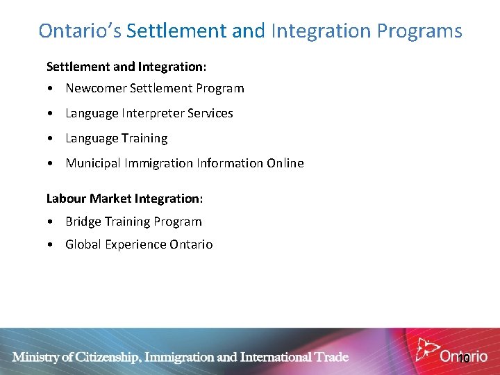 Ontario’s Settlement and Integration Programs Settlement and Integration: • Newcomer Settlement Program • Language