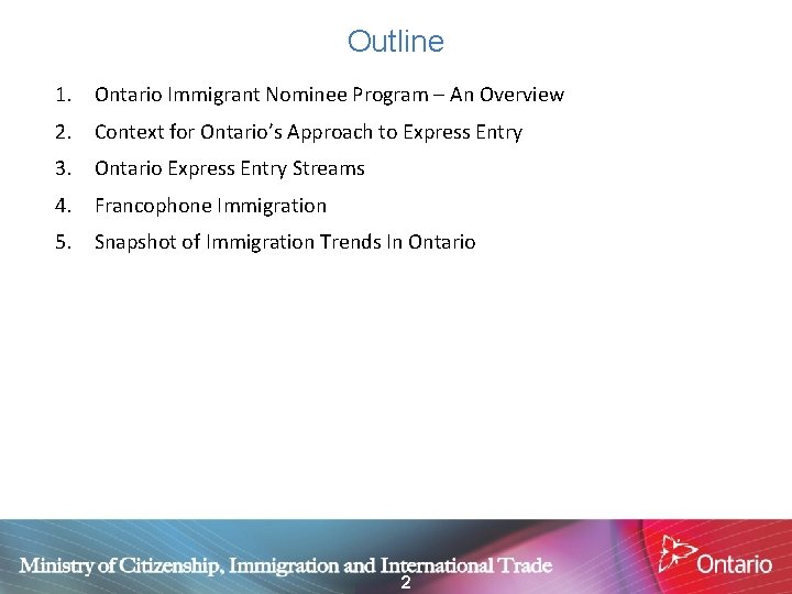 Outline 1. Ontario Immigrant Nominee Program – An Overview 2. Context for Ontario’s Approach