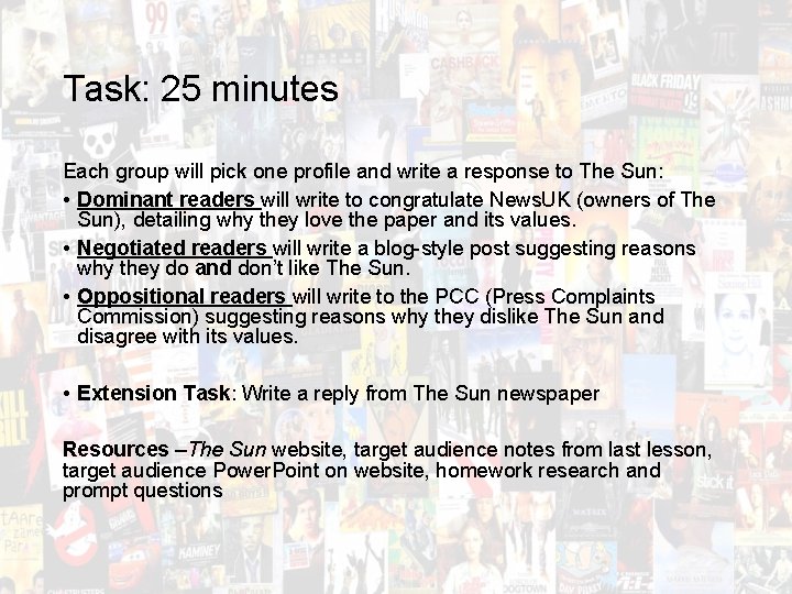 Task: 25 minutes Each group will pick one profile and write a response to Task: 25 minutes Each group will pick one profile and write a response to