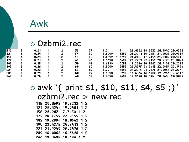 Awk ¡ ¡ Ozbmi 2. rec awk ‘{ print $1, $10, $11, $4, $5