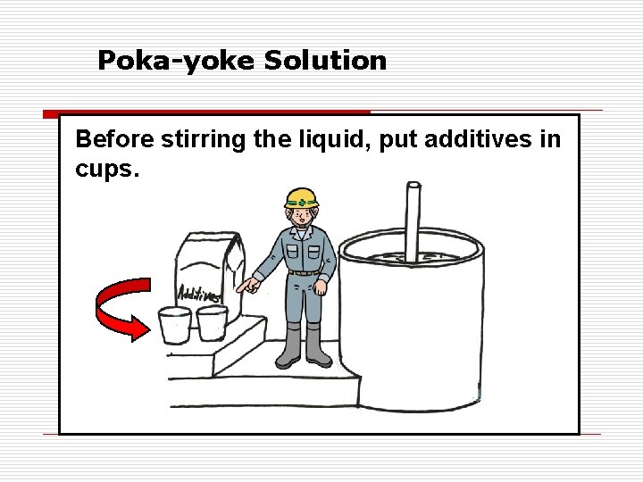 Poka-yoke Solution Before stirring the liquid, put additives in cups. 