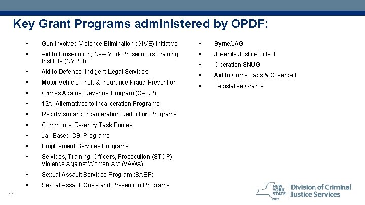 Key Grant Programs administered by OPDF: 11 • Gun Involved Violence Elimination (GIVE) Initiative