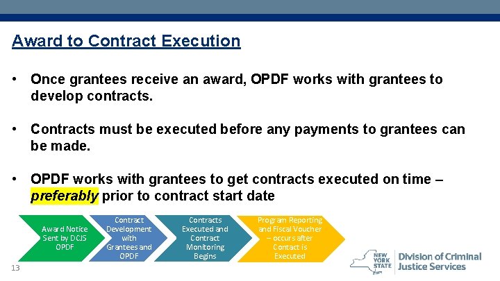 Award to Contract Execution • Once grantees receive an award, OPDF works with grantees