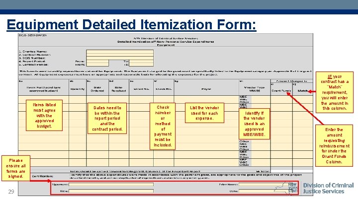 Equipment Detailed Itemization Form: Items listed must agree with the approved budget. Please ensure