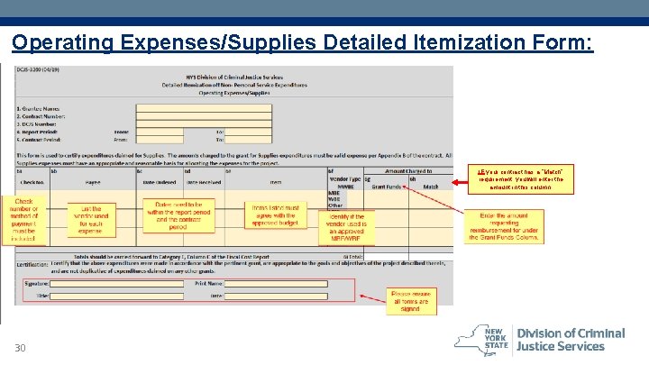 Operating Expenses/Supplies Detailed Itemization Form: IF your contract has a “Match” requirement, you will