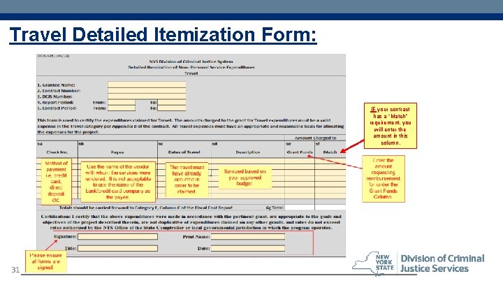Travel Detailed Itemization Form: IF your contract has a “Match” requirement, you will enter