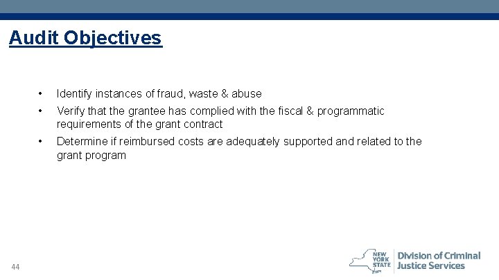 Audit Objectives 44 • Identify instances of fraud, waste & abuse • Verify that