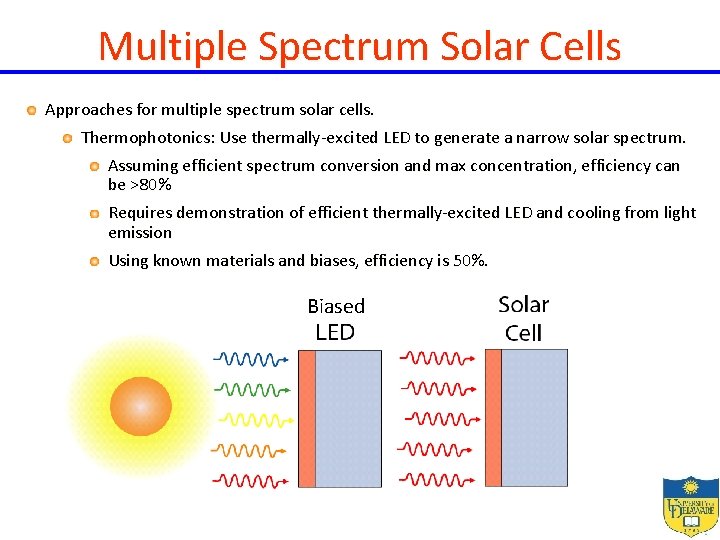 Multiple Spectrum Solar Cells Approaches for multiple spectrum solar cells. Thermophotonics: Use thermally-excited LED