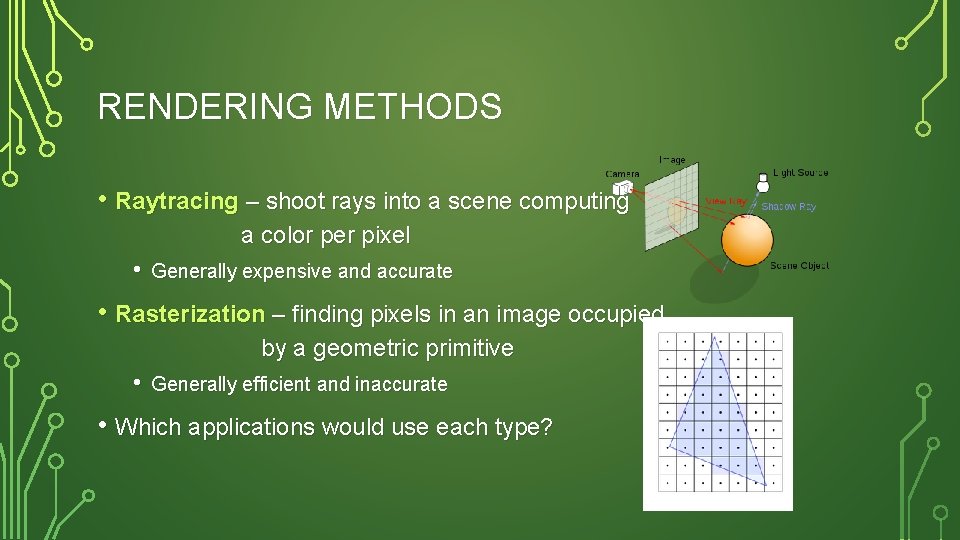 RENDERING METHODS • Raytracing – shoot rays into a scene computing a color per
