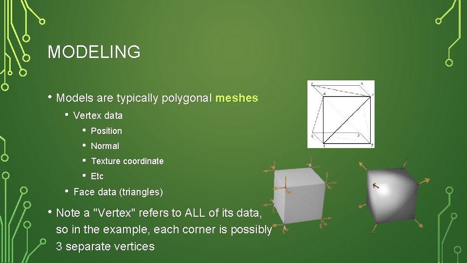 MODELING • Models are typically polygonal meshes • Vertex data • • • Position