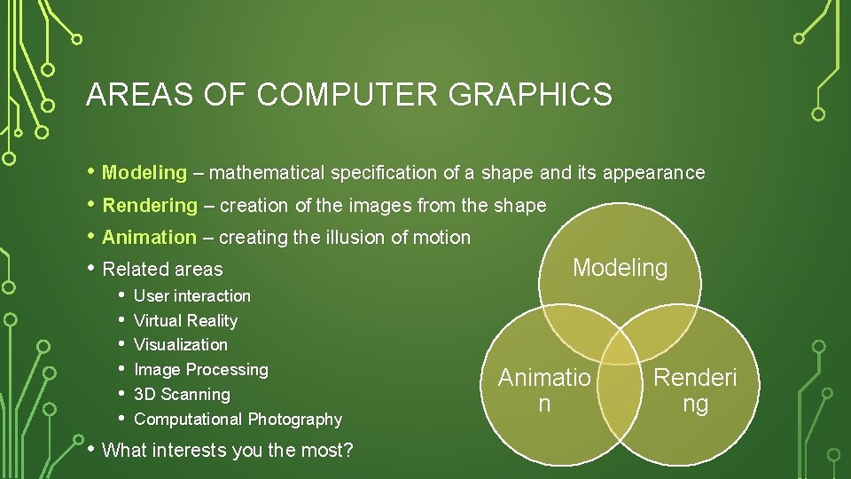 AREAS OF COMPUTER GRAPHICS • Modeling – mathematical specification of a shape and its