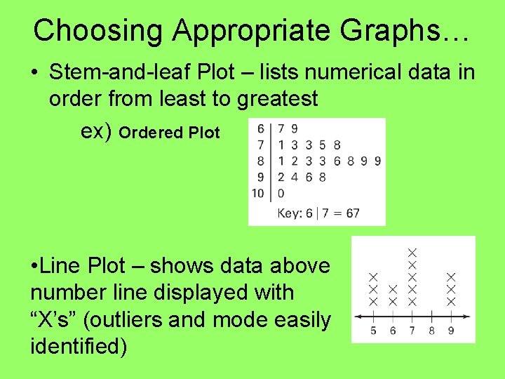 Choosing Appropriate Graphs… • Stem-and-leaf Plot – lists numerical data in order from least
