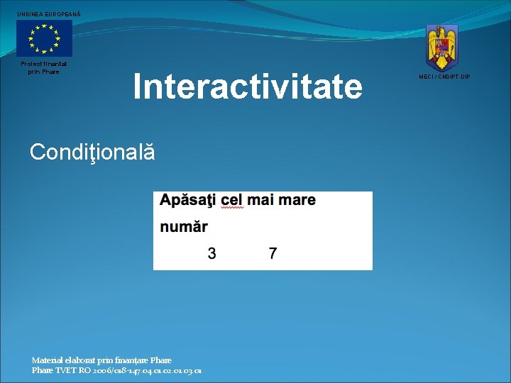 UNIUNEA EUROPEANĂ Proiect finantat prin Phare Interactivitate Condiţională Material elaborat prin finanţare Phare TVET