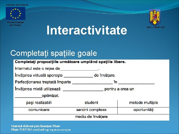 UNIUNEA EUROPEANĂ Proiect finantat prin Phare Interactivitate Completaţi spaţiile goale Material elaborat prin finanţare