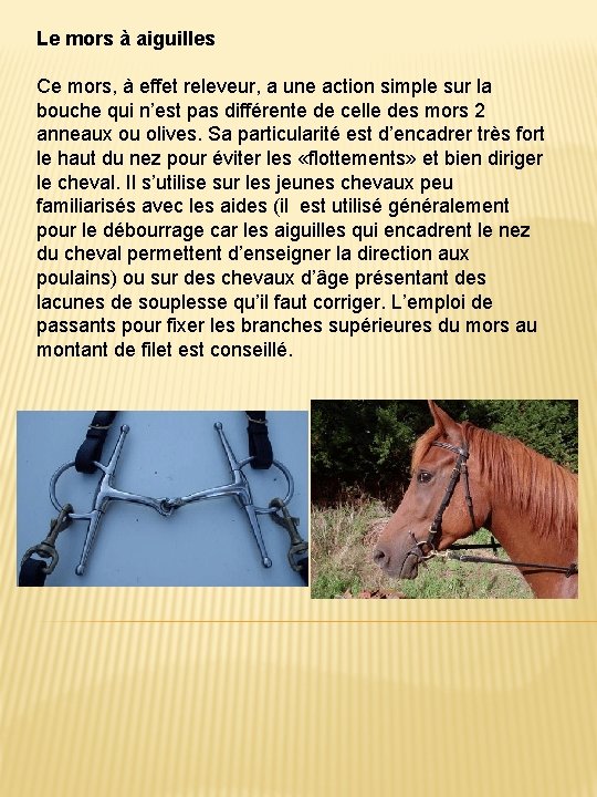Le mors à aiguilles Ce mors, à effet releveur, a une action simple sur