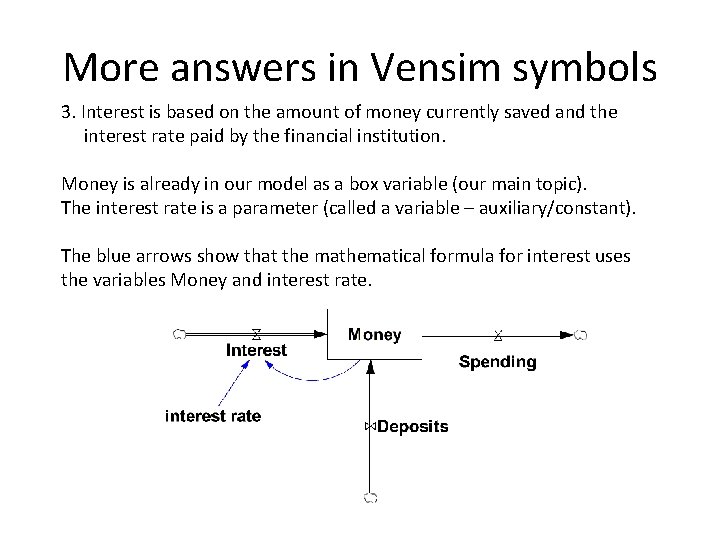 More answers in Vensim symbols 3. Interest is based on the amount of money