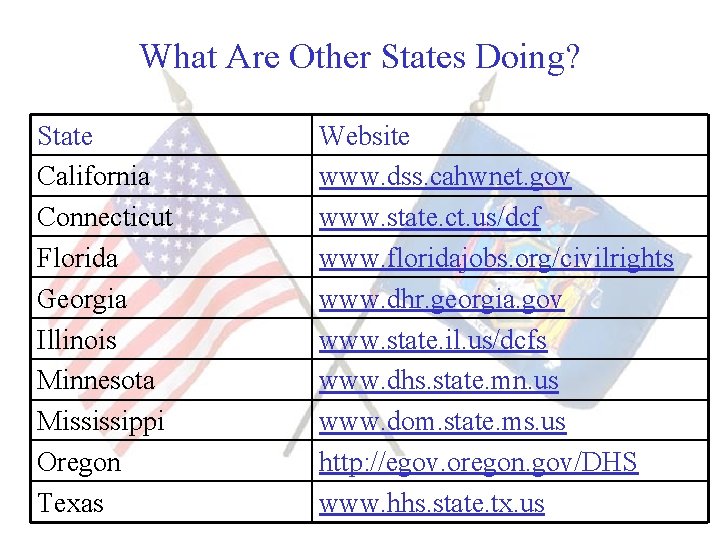 What Are Other States Doing? State California Connecticut Florida Georgia Illinois Minnesota Mississippi Oregon