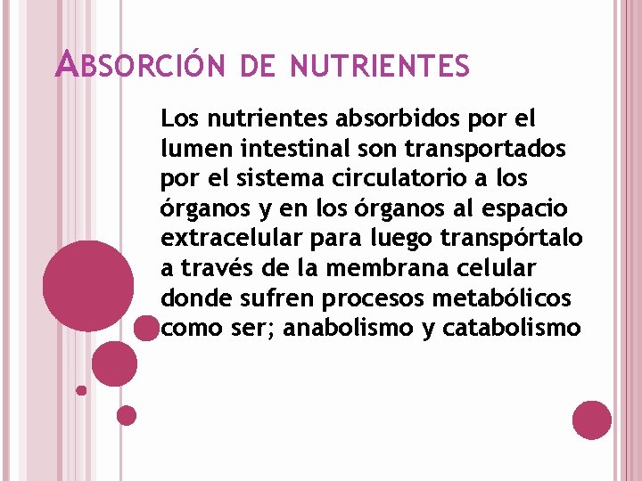 ABSORCIÓN DE NUTRIENTES Los nutrientes absorbidos por el lumen intestinal son transportados por el