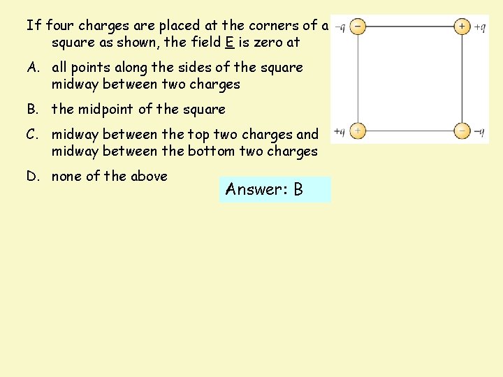 If four charges are placed at the corners of a square as shown, the