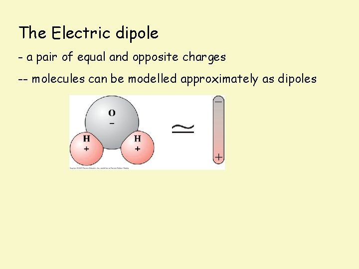 The Electric dipole - a pair of equal and opposite charges -- molecules can