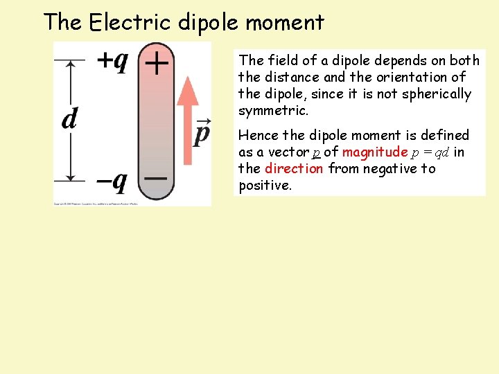The Electric dipole moment The field of a dipole depends on both the distance