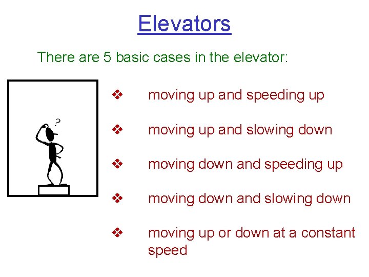 Elevators There are 5 basic cases in the elevator: v moving up and speeding