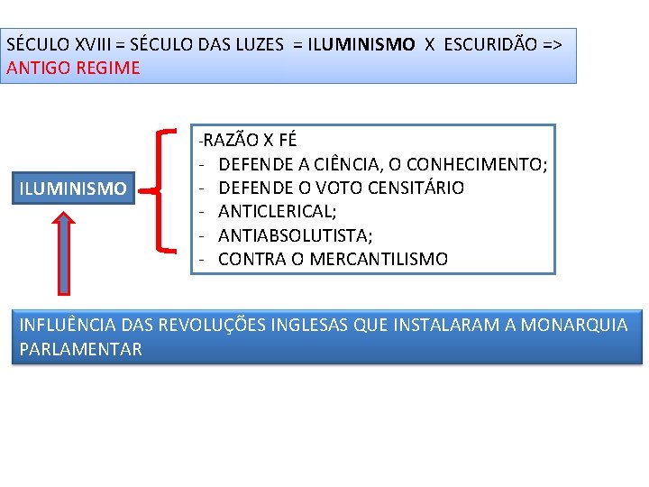 SÉCULO XVIII = SÉCULO DAS LUZES = ILUMINISMO X ESCURIDÃO => ANTIGO REGIME -RAZÃO