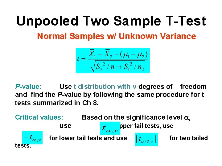 Unpooled Two Sample T-Test Normal Samples w/ Unknown Variance P-value: Use t distribution with