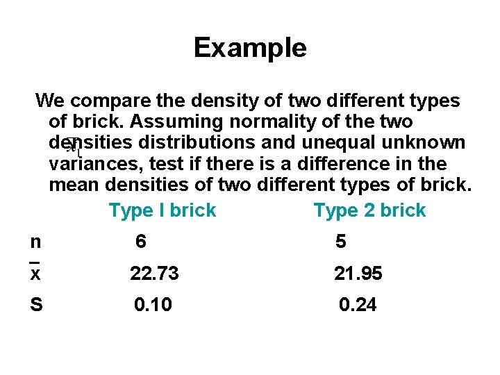 Example We compare the density of two different types of brick. Assuming normality of