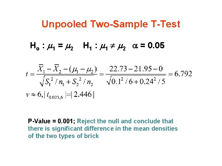 Unpooled Two-Sample T-Test Ho : 1 = 2 H 1 : 1 2 =